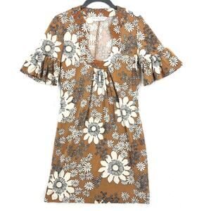 Trina Turk Mini Dress Womens Small Brown Cream Floral 100% Silk Bell Sleeve